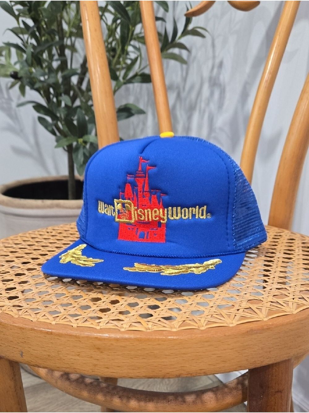Retro 80's Disney Royal Blue Souvenir Trucker Hat with Gold & Red Embroidery